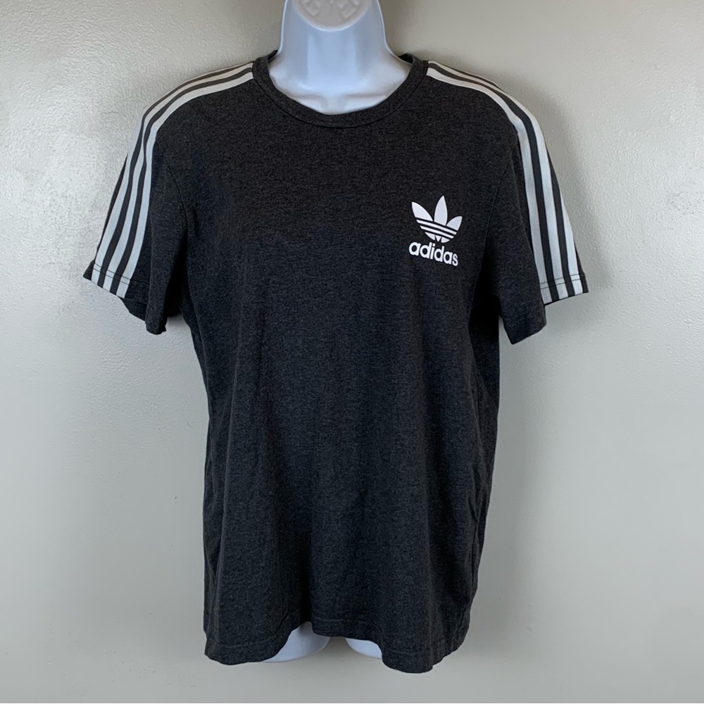 Adidas Short Sleeve Shirt Womens Large Charcoal 3 Stripes Textured Back Sporty‎
